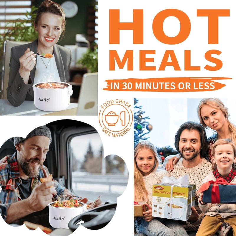 Aotto Electric Lunch Box, 32 oz Portable Food Warmer Heater, Lunch Warmer Portable for Work/Office/Car/Travel 12V/24V/110V 3-in-1, Warming Soup & Meal, Spill-Free, Men & Women's Gifts, White - Image 2
